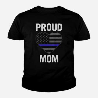 Womens Proud Mom Blue Line Law Enforcement Flag Heart Youth T-shirt | Crazezy