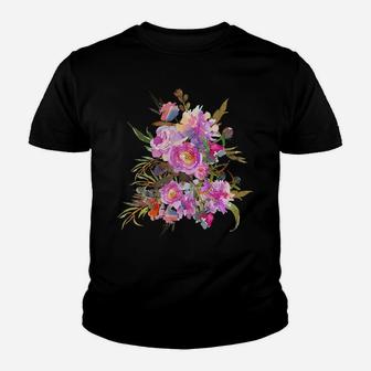 Womens Vintage Flower Bouquet Pink Peony Floral Botanical Gardener Youth T-shirt | Crazezy