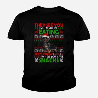 Xmas Dachshund Santa They See You When You're Eating Ugly Sweatshirt Youth T-shirt | Crazezy