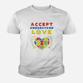 Accept Understand Love Puzzle Heart Awareness Mom Dad Youth T-shirt | Crazezy