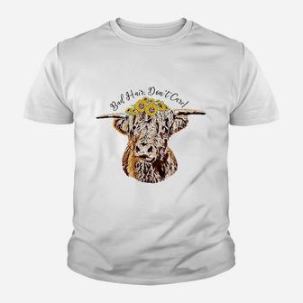 Bad Hair Dont Care Funny Scottish Highland Cow Youth T-shirt | Crazezy DE