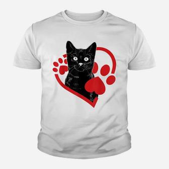 Black Cat Heart Footprint Animal Happy Valentine's Day Gifts Youth T-shirt | Crazezy DE