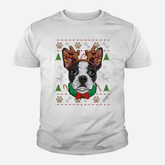 Boston Terrier Ugly Christmas Reindeer Antlers Xmas Women Sweatshirt Youth T-shirt | Crazezy