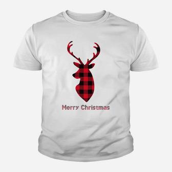 Buffalo Plaid Reindeer Christmas Tee Santa Hat Merry Xmas Youth T-shirt | Crazezy