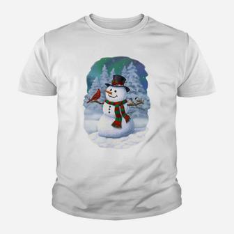 Christmas Snowman Cardinal Bird Chickadees Winter Snow Scene Sweatshirt Youth T-shirt | Crazezy