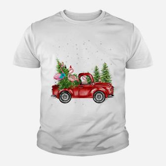 Christmas Three Flamingo Ride Red Truck Xmas Santa Hat Youth T-shirt | Crazezy UK