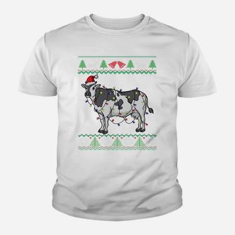 Cow Santa Claus & Lights Funny Dairy Farmer Ugly Christmas Sweatshirt Youth T-shirt | Crazezy UK