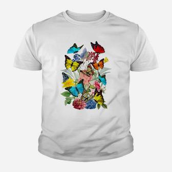 Cute Butterflies Vintage Floral Botanical Flower Garden Tee Youth T-shirt | Crazezy