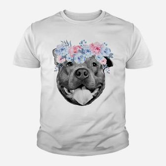 Cute Pitbull Face Floral Watercolor Flower Pittie Mom Gift Youth T-shirt | Crazezy