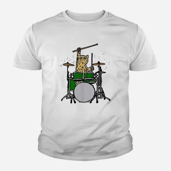 Drummer Cat Music Lover Musician Playing The Drums Youth T-shirt | Crazezy