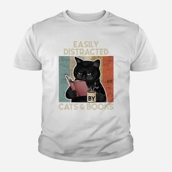Easily Distracted By Cats And Books For Cat Lovers Sweatshirt Youth T-shirt | Crazezy UK