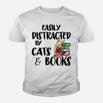 Easily Distracted By Cats And Books Gift For Cat Lovers Youth T-shirt | Crazezy CA