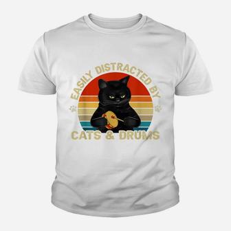 Easily Distracted By Cats And Drums Cats Lover Vintage Youth T-shirt | Crazezy