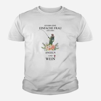 Einfache Frau Angeln und Wein Kinder Tshirt, Weißes Damen Tee - Seseable