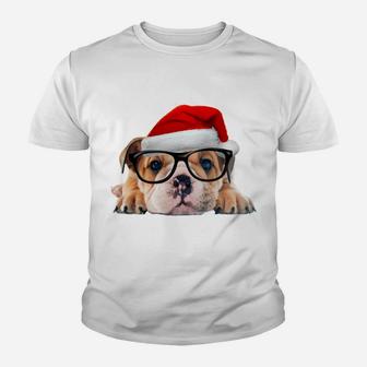 English Bulldog Puppy Glasses Dog Santa Hat Christmas Gift Sweatshirt Youth T-shirt | Crazezy