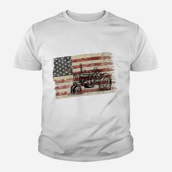Farming Patriotic American Usa Flag Antique Tractor Youth T-shirt | Crazezy