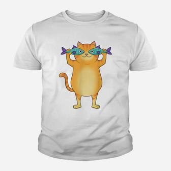 Fat Cat Catching Fish Fishy Eyes Pet Kitty Lovers Cute Youth T-shirt | Crazezy