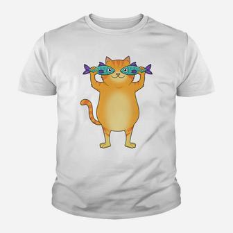 Fat Cat Catching Fish Fishy Eyes Pet Kitty Lovers Cute Youth T-shirt | Crazezy AU