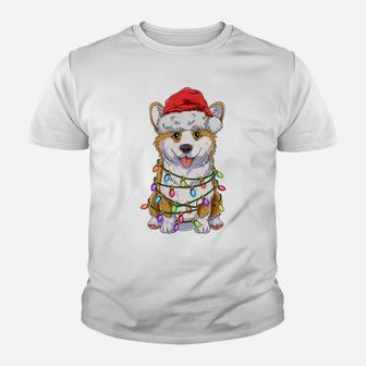 Funny Corgi Christmas Tree Lights Gift Santa Hat Dog Lover Sweatshirt Youth T-shirt | Crazezy