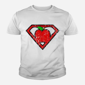 Funny Cute Distressed Super Teacher Superhero Apple Shirt Youth T-shirt | Crazezy