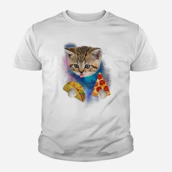 Funny Galaxy Cat Shirt | Space Cat Eat Pizza And Taco Shirt Youth T-shirt | Crazezy DE