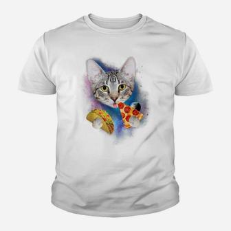 Funny Galaxy Cat Shirt | Space Cat Eat Pizza And Taco Shirt Youth T-shirt | Crazezy