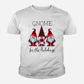 Gnome For The Holidays Buffalo Plaid 3 Gnomes Christmas Xmas Raglan Baseball Tee Youth T-shirt | Crazezy