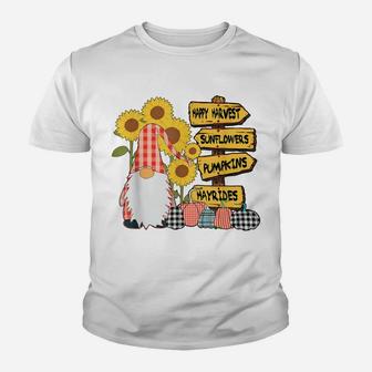 Happy Harvest Gnome Gingham Plaid Pumpkins Sunflowers Fall Youth T-shirt | Crazezy CA