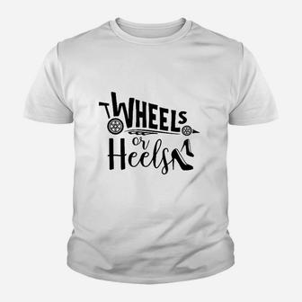 Heels Or Wheels Gender Reveal For Mom Dad Party Shower Youth T-shirt | Crazezy AU