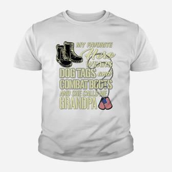 Hero Wears Dog Tags And Combat Boots - Proud Army Grandpa Youth T-shirt | Crazezy
