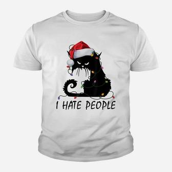 I Hate People Black Cat Santa Hat Christmas Light Xmas Gifts Youth T-shirt | Crazezy UK