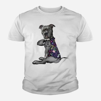 I Love Mom Funny Pitbull Dog Tattoo Flower Mother's Day Youth T-shirt | Crazezy CA
