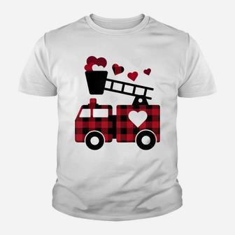 Kids Fire Truck Buffalo Plaid Valentines Day Mom Dad Son Youth T-shirt | Crazezy UK