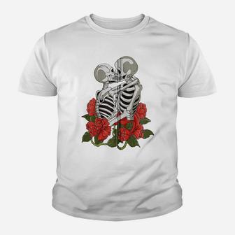 Kissing Skulls Skeletons Red Roses Flowers Death Goth Zip Hoodie Youth T-shirt | Crazezy