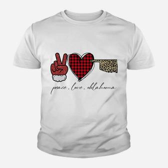 Leopard Peace Love Oklahoma Buffalo Plaid Heart Christmas Youth T-shirt | Crazezy