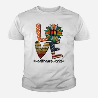 Love Healthcare Worker Daisy Peace Flower American Flag Youth T-shirt | Crazezy CA