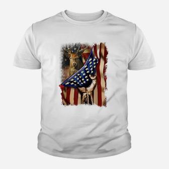 Mens Deer Hunting Father's Day American Flag Hunters 4Th Of July Youth T-shirt | Crazezy