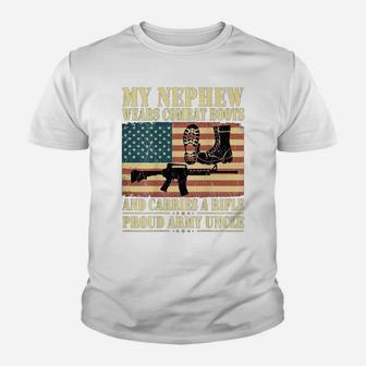 Mens My Nephew Wears Combat Boots Shirt Military Proud Army Uncle Youth T-shirt | Crazezy