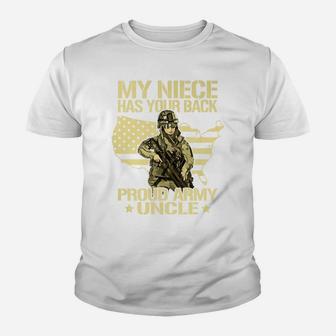 Mens My Niece Has Your Back - Proud Army Uncle Military Family Youth T-shirt | Crazezy