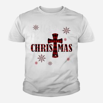 Merry Christmas Cross Buffalo Plaid Christian Holiday Gift Sweatshirt Youth T-shirt | Crazezy