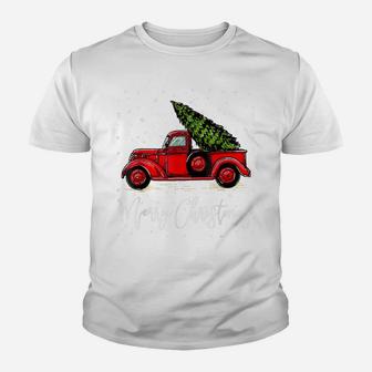 Merry Christmas Truck Red With Tree Xmas Pajama Funny Youth T-shirt | Crazezy UK