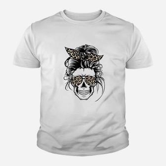 Messy Bun Skull Leopard Youth T-shirt - Thegiftio UK