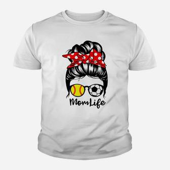 Mom Life Messy Bun Hair Funny Softball Soccer Mom Youth T-shirt | Crazezy AU