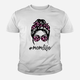 Mom Life Messy Hair Bun Pink Leopard Print Women Mothers Day Youth T-shirt | Crazezy DE