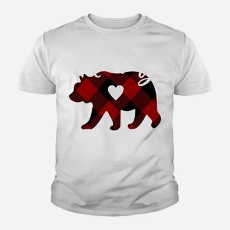 Mommy Bear Christmas Buffalo Plaid Red White & Black Gift Youth T-shirt | Crazezy UK