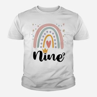Nine Year Birthday Rainbow Party Family 9 Year Old Youth T-shirt | Crazezy