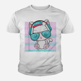 Rave Kitty Cat Pastel Blue Pink Wave Headphones Music Lovers Youth T-shirt | Crazezy DE