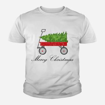 Red Wagon Bringing Home Christmas Tree Youth T-shirt | Crazezy UK