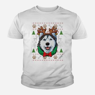Siberian Husky Ugly Christmas Reindeer Antlers Xmas Women Sweatshirt Youth T-shirt | Crazezy AU