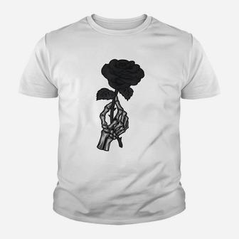 Skeleton Hand Aesthetic Streetwear Goth Black Rose Flower Youth T-shirt | Crazezy CA